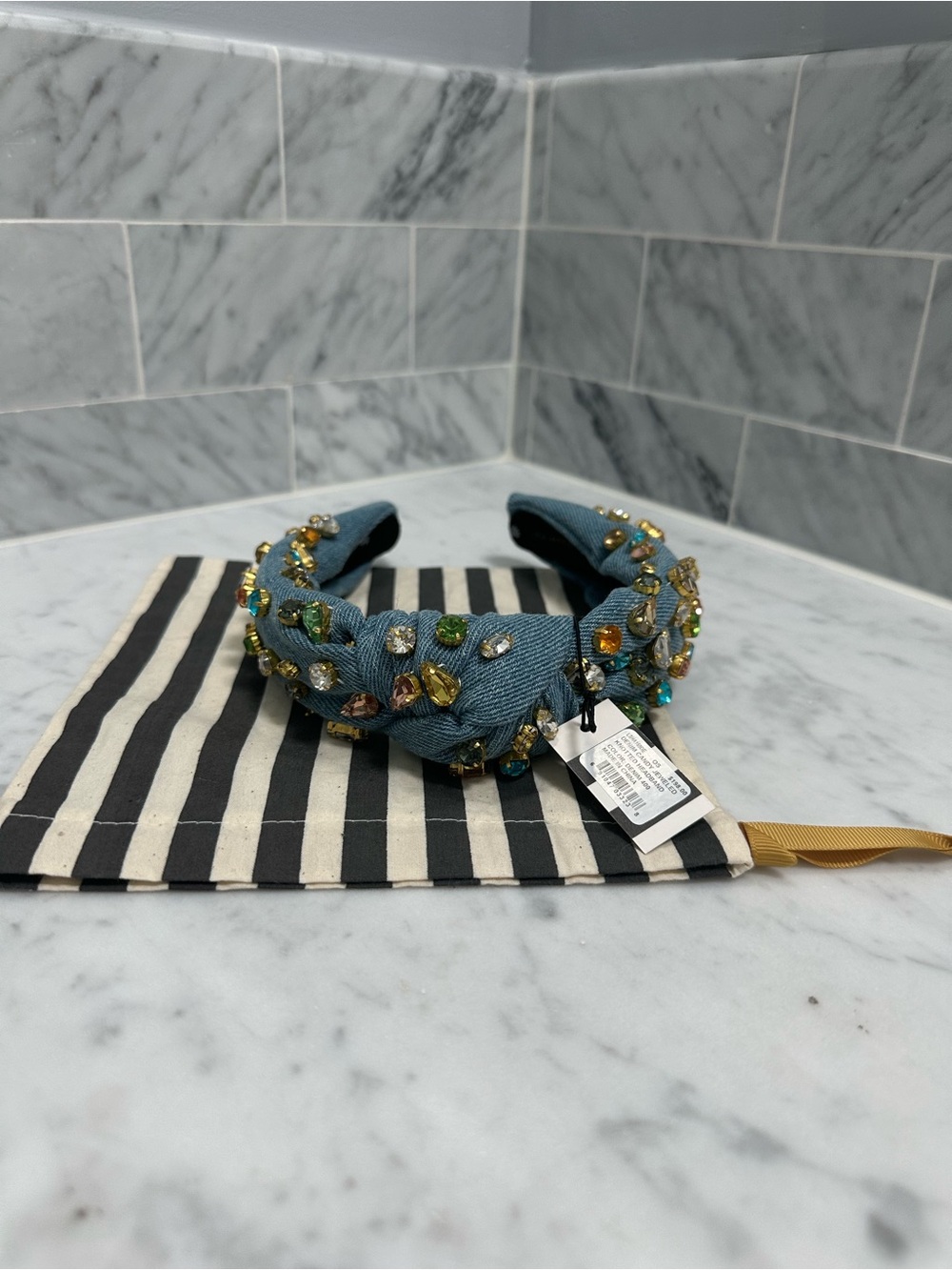 Embellished Knotted Denim Headband in Teal with Multicolor Gems